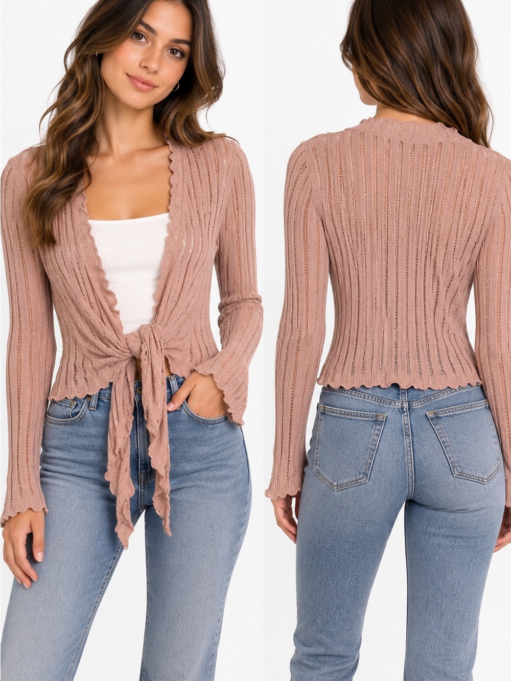 Express Ribbed Tie-Front Cardigan Sweater - Blush